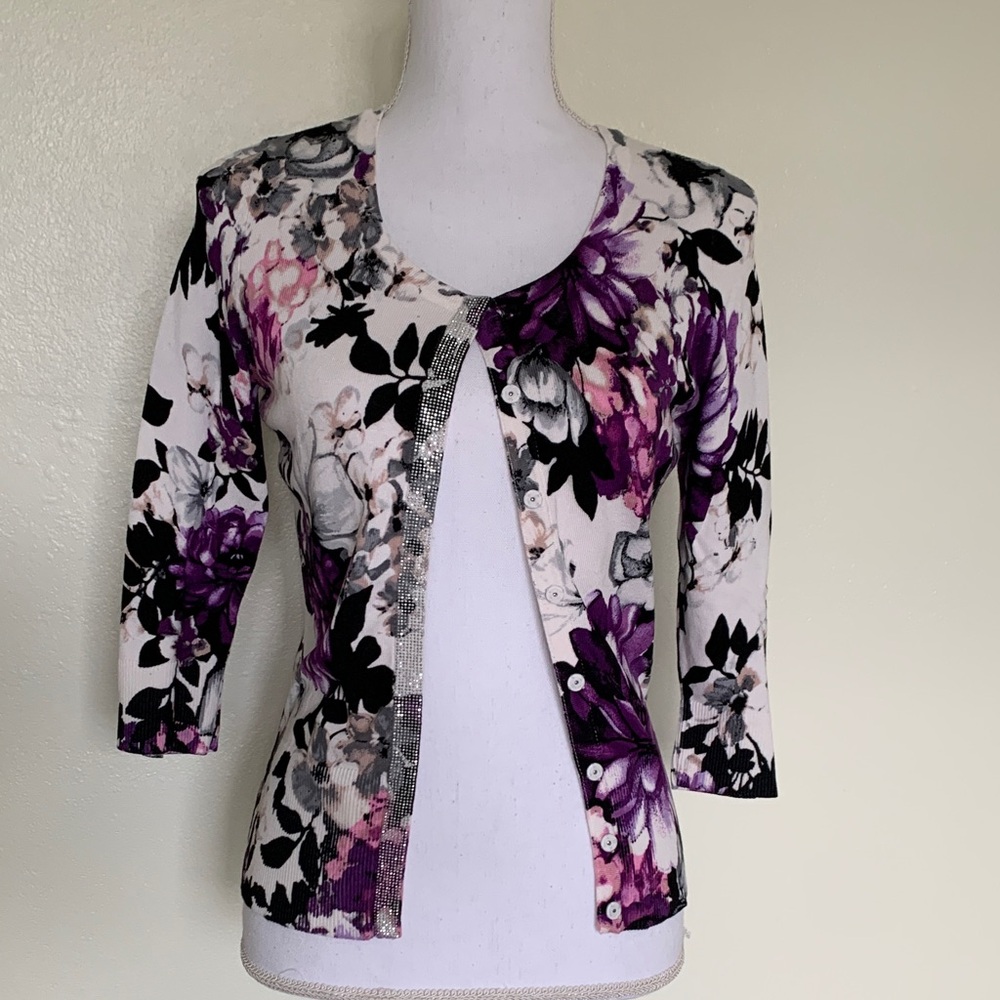 Floral Cardigan with Purple and Black Design